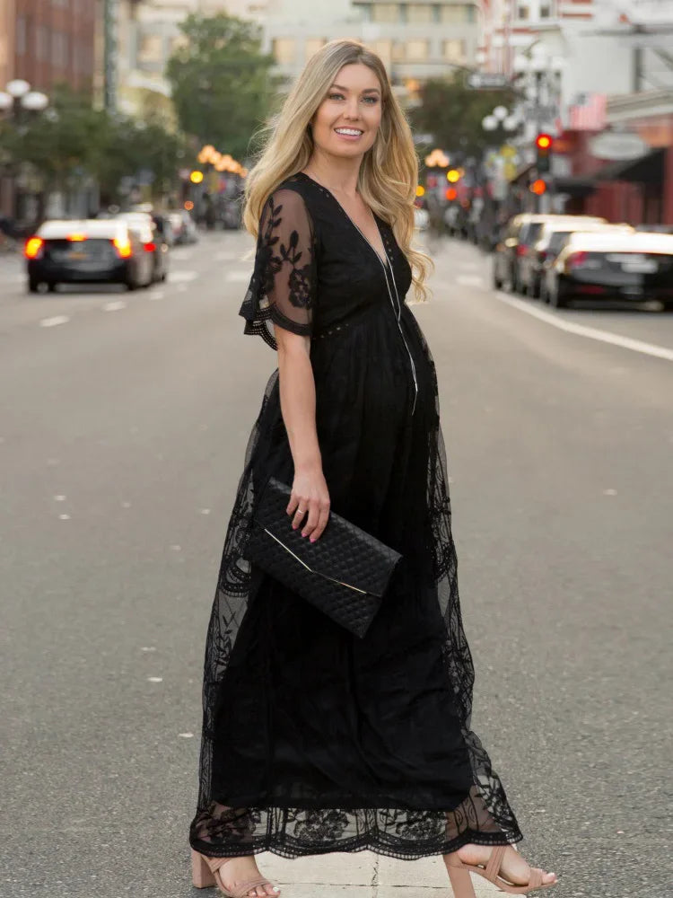 Maternity Dress Long Floral Lace and Chiffon – V-Neck