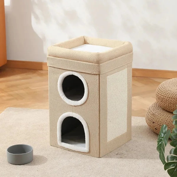 Cat Bed Arwyn Semi-Enclosed Foldable Cat House with Scratcher-beige