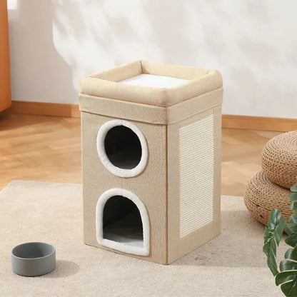 Cat Bed Arwyn Semi-Enclosed Foldable Cat House with Scratcher-beige