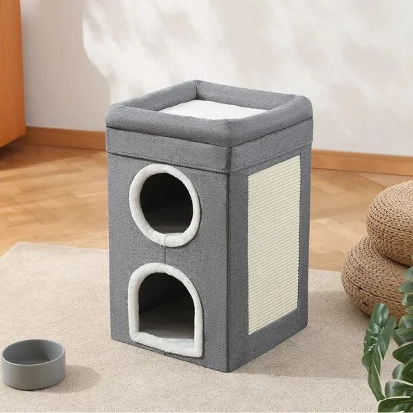 Cat Bed Arwyn Semi-Enclosed Foldable Cat House with Scratcher-gray