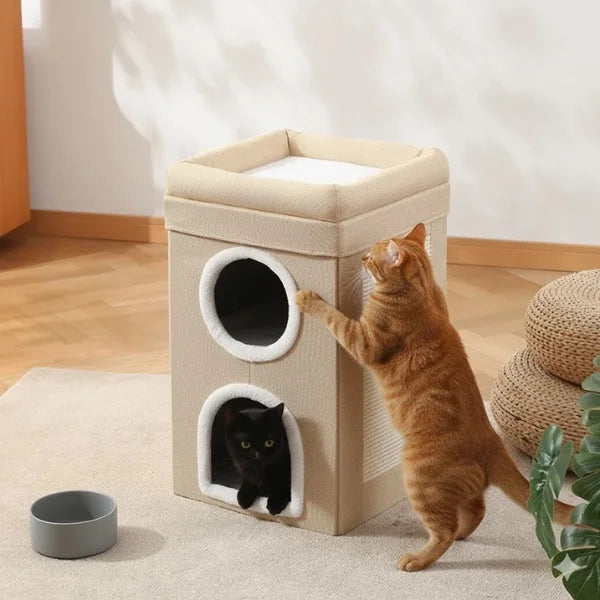 Cat Bed Arwyn Semi-Enclosed Foldable Cat House with Scratcher.