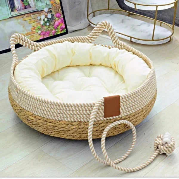 Cat Bed Vaelan | Woven Rattan Bed for All Seasons-crean