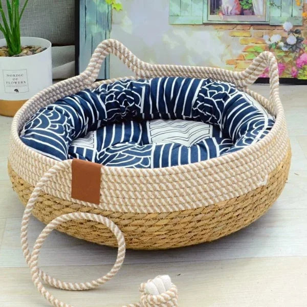 Cat Bed Vaelan | Woven Rattan Bed for All Seasons-,