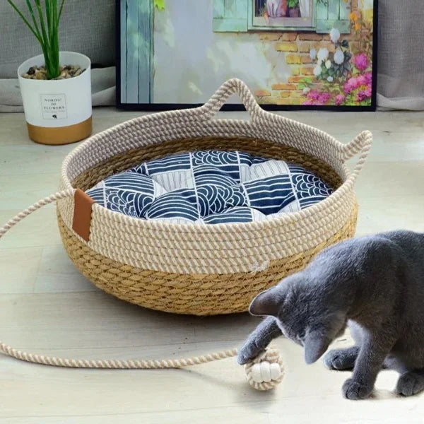 Cat Bed Vaelan | Woven Rattan Bed for All Seasons-blue
