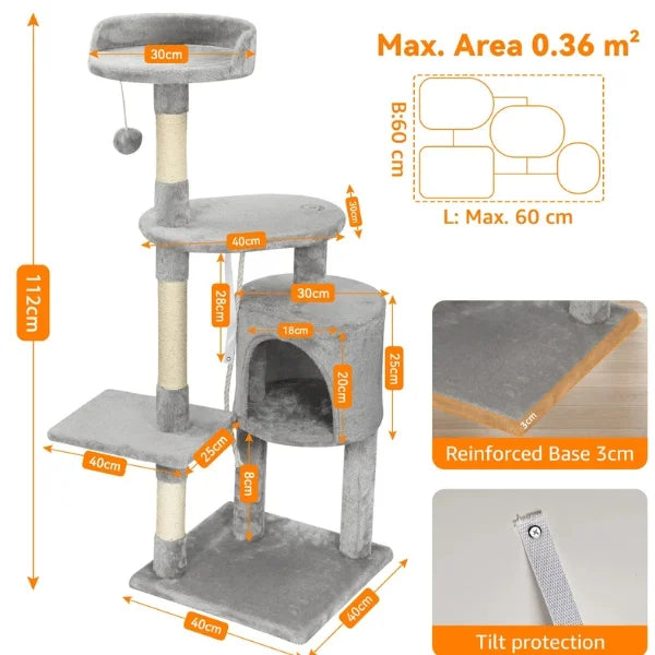 Cat Tree for Cats Velora | Climbing Centre with Sisal Scratch Posts-grey