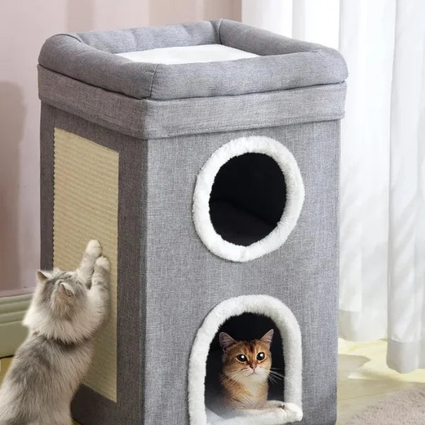 Cat Bed Arwyn Semi-Enclosed Foldable Cat House with Scratcher-.,