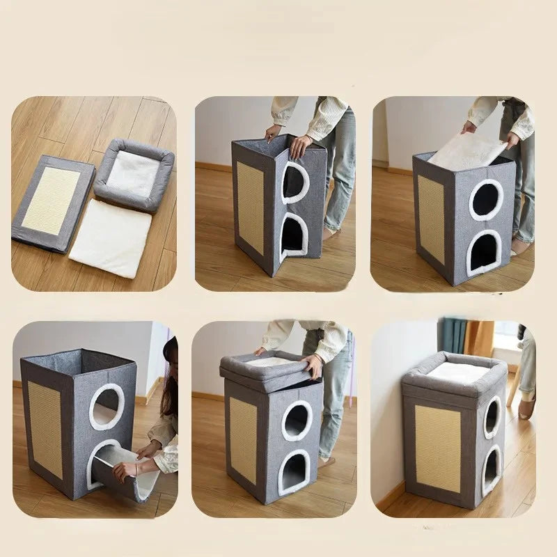 Cat Bed Arwyn Semi-Enclosed Foldable Cat House with Scratcher-.,info