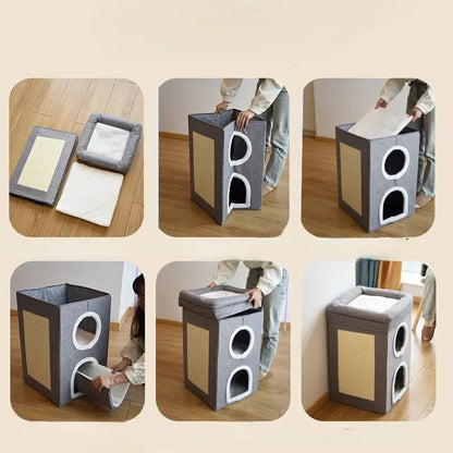 Cat Bed Arwyn Semi-Enclosed Foldable Cat House with Scratcher-.,info