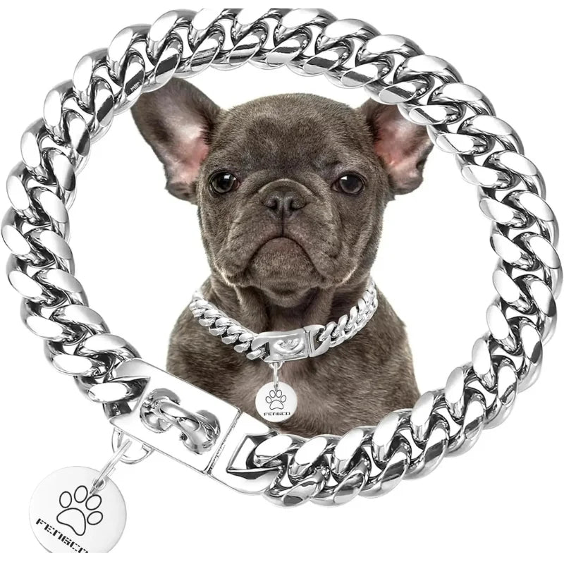 Dog Collar Ascot Cuban Link Bold Style, Solid Steel