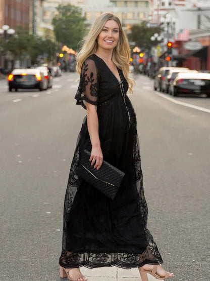 Maternity Dress Long Floral Lace and Chiffon – V-Neck