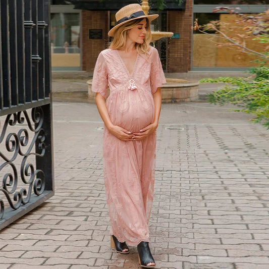 Maternity Dress Long Floral Lace and Chiffon – V-Neck