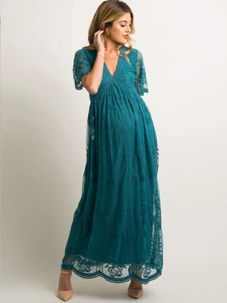 Maternity Dress Long Floral Lace and Chiffon – V-Neck