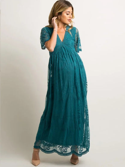 Maternity Dress Long Floral Lace and Chiffon – V-Neck
