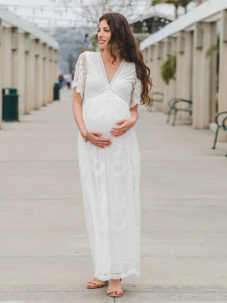 Maternity Dress Long Floral Lace and Chiffon – V-Neck