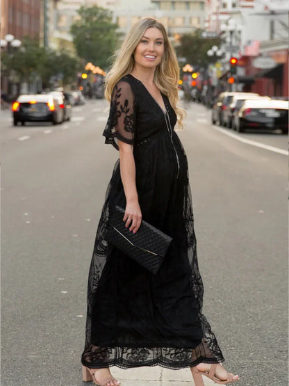 Maternity Dress Long Floral Lace and Chiffon – V-Neck