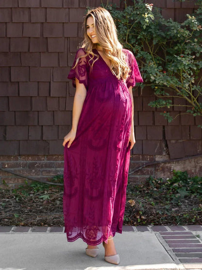 Maternity Dress Long Floral Lace and Chiffon – V-Neck