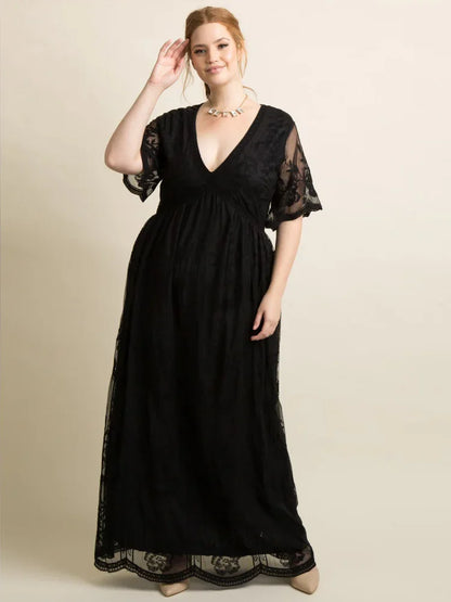 Maternity Dress Long Floral Lace and Chiffon – V-Neck
