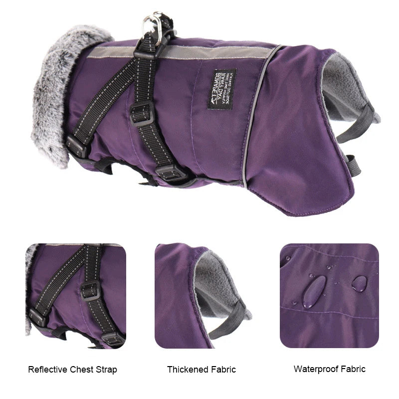 Waterproof Winter Dog Coat with Detachable Harness and Fur Collar'