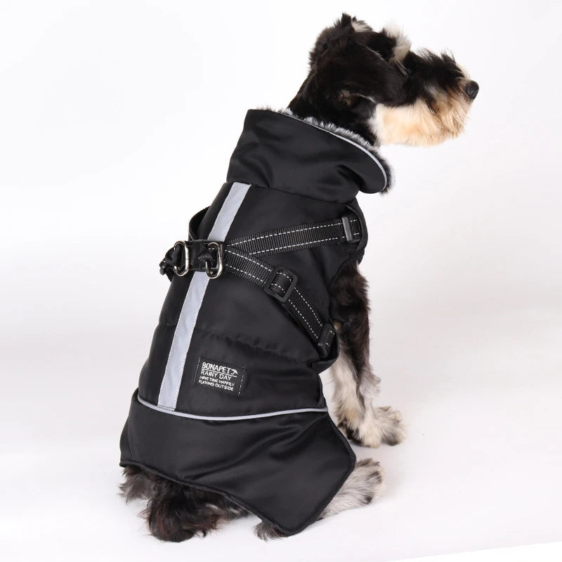 Waterproof Winter Dog Coat with Detachable Harness and Fur Collar-01