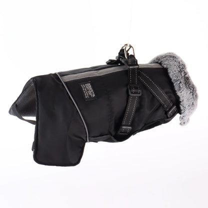 Waterproof Winter Dog Coat with Detachable Harness and Fur Collar.P