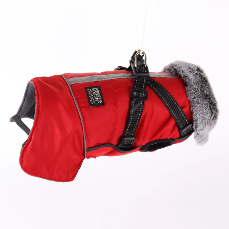 Waterproof Winter Dog Coat with Detachable Harness and Fur Collar.VR