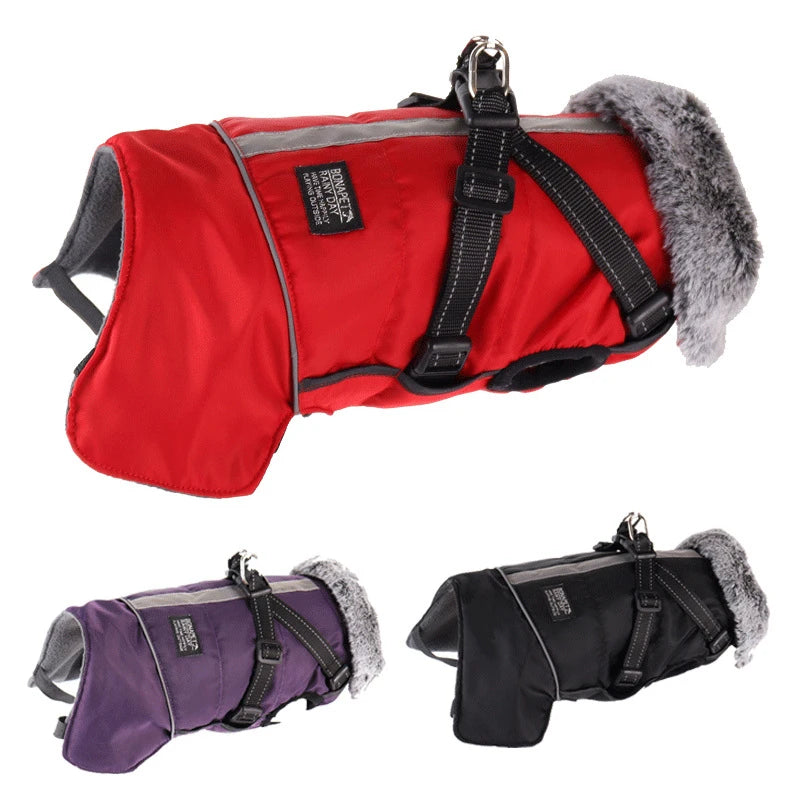 Waterproof Winter Dog Coat with Detachable Harness and Fur Collar